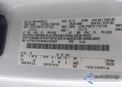 2017 Ford F150 z USA, uszkodzony, nr VIN 1FTNF1EF8HKC67667